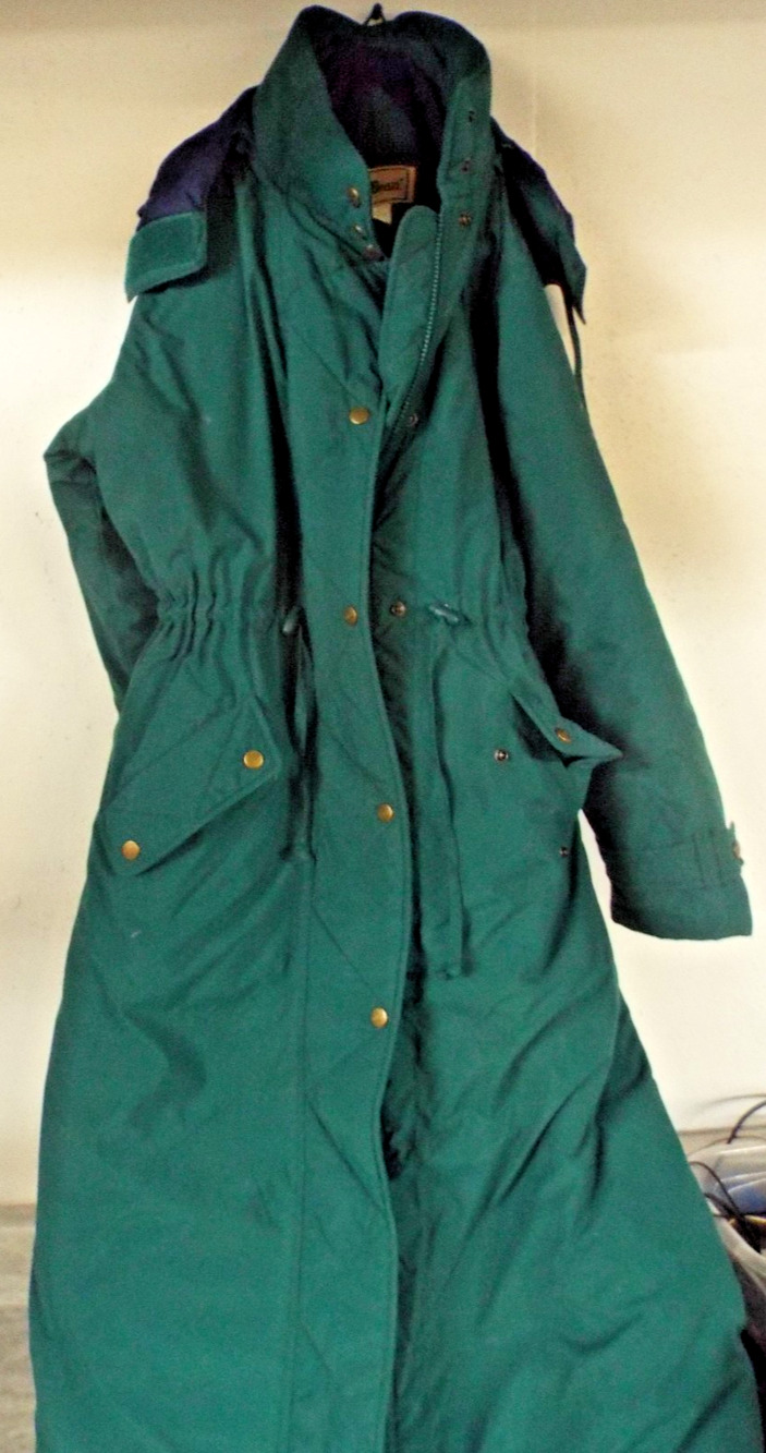 Vintage L.L. Bean Long Coat Womens Green Hooded Blue Lining Sz M Petite
